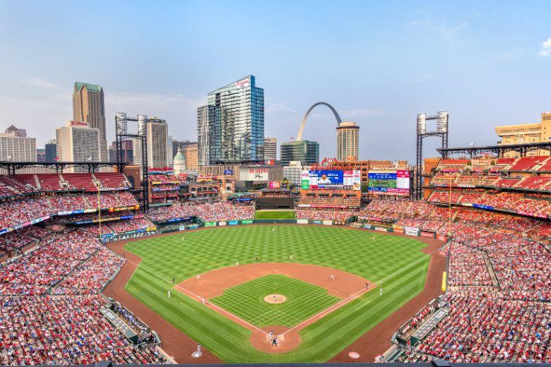 Busch Stadium in downtown St. Louis with skyline views