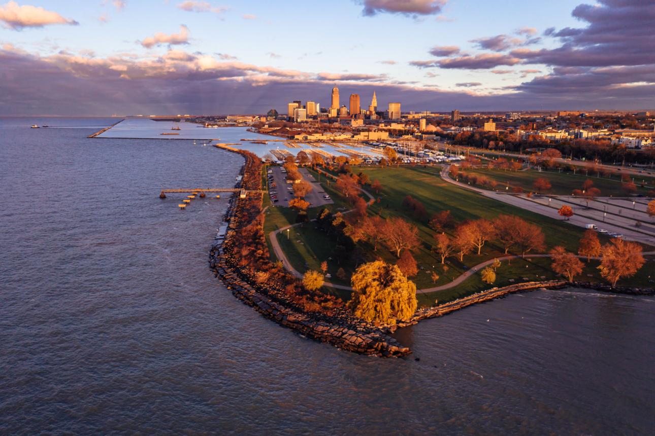 Edgewater Park beach with Cleveland skyline on Lake Erie