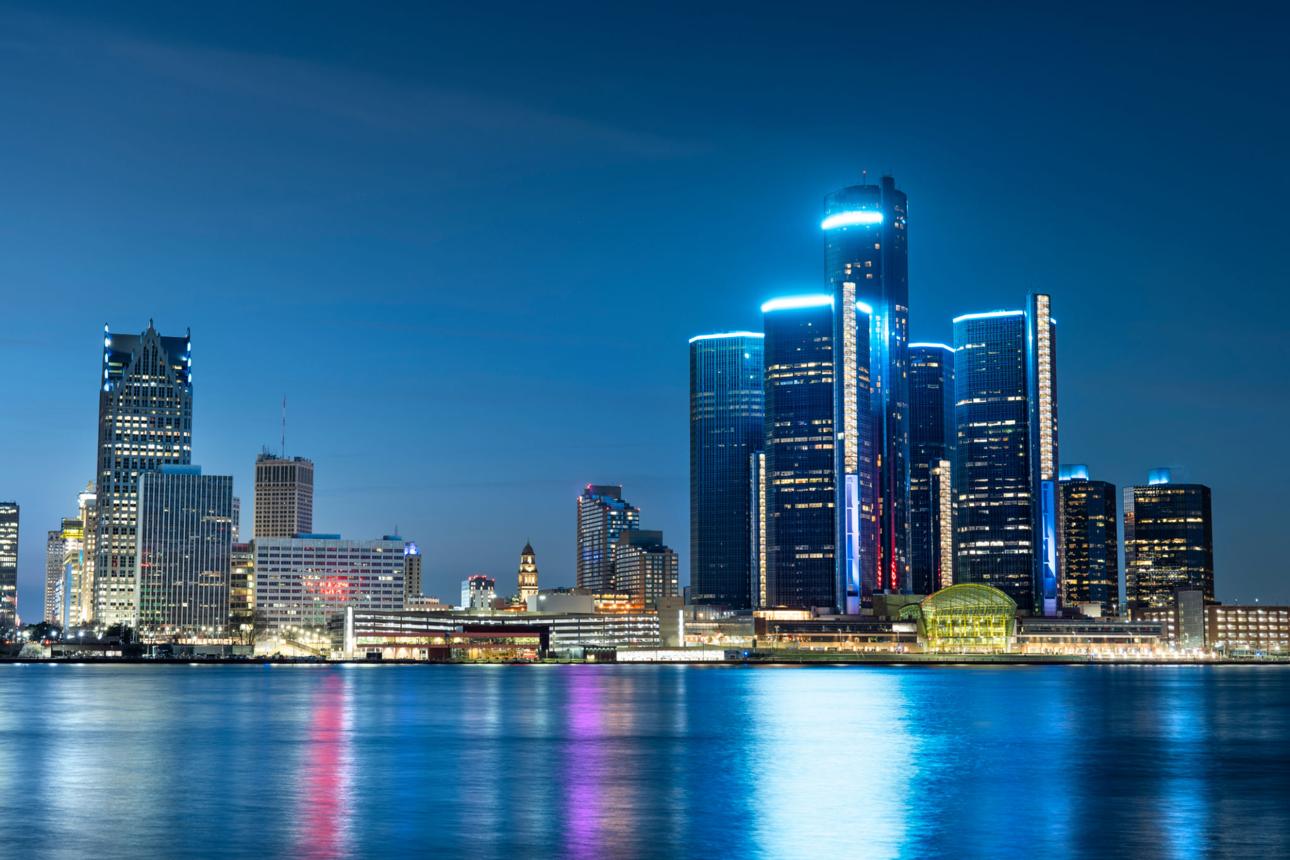 Detroit Riverwalk with skyline along the Detroit River