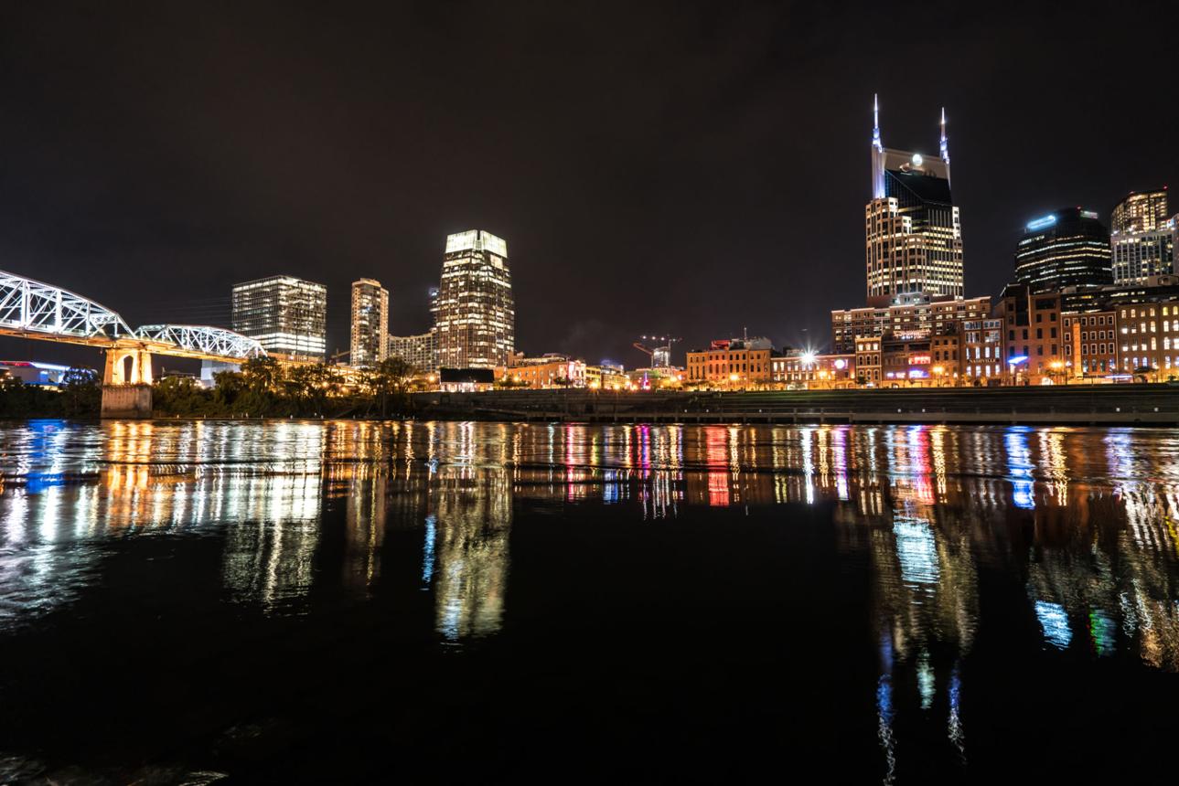 Nashville Tennessee Skyline Nashville skyline with AT&T Batman Building and downtown at sunset