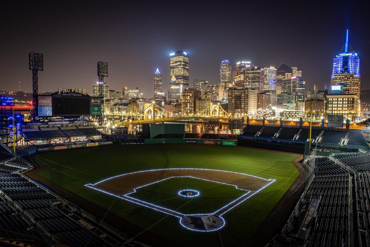 PNC Park with Pittsburgh skyline and Roberto Clemente Bridge