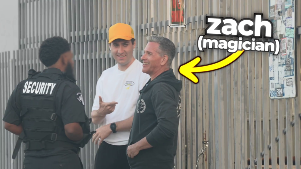 Zach Waldman performing magic for a security guard in an Airrack video.